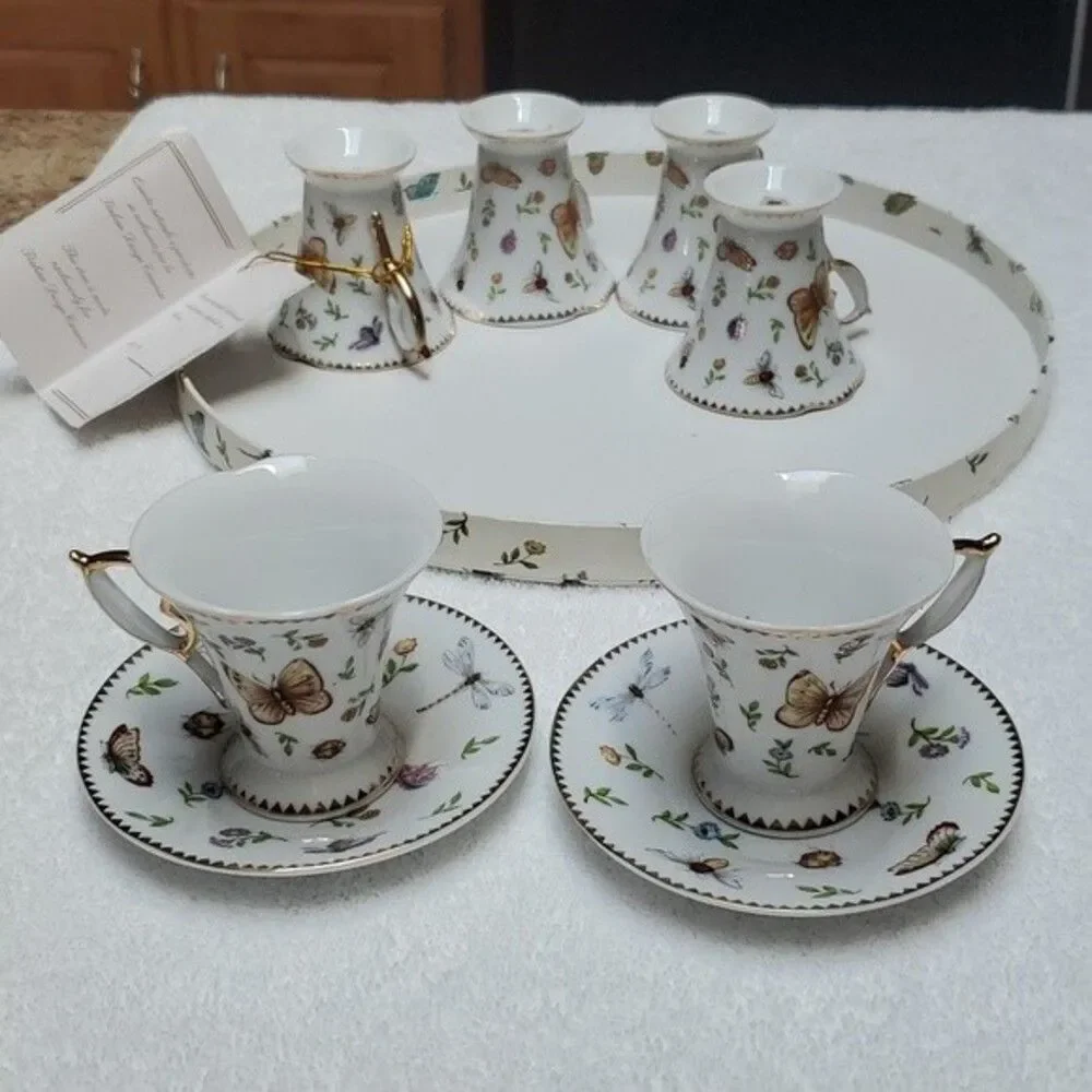 Porcelain Demitasse Teacups Saucers Butterflies (6) ITALIAN DESIGN CERAMICS vtg